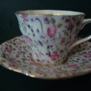 Rosina Bone China Made in England Tea Cup and Saucer Floral Gold Rim 5040